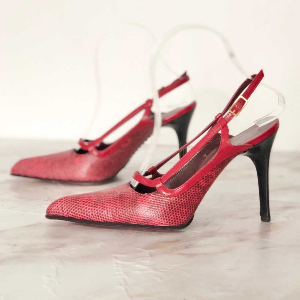 Tods Red Leather slingback reptile point toe heels